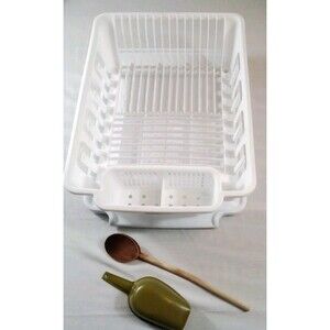 Sterilite White Dish Drain With Wooden Spoon‎ Green Scoop